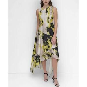 DKNY Women's Printed Asymmetric-Hem Sleeveless Dress Geo Stream Print Size 10